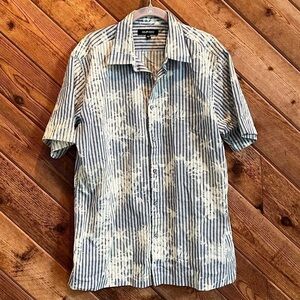 Murano Cotton Men’s Palm Leaf Stripe Short Sleeve Button Down Shirt Blue